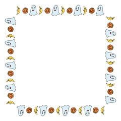 Square frame with ghost, pumpkin and moon for Halloween. Vector image.