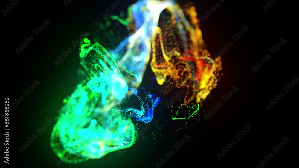 Poster injection of fluorescent multicolor ink in water in 4k. 3d render of glow particles in ink flow. lum