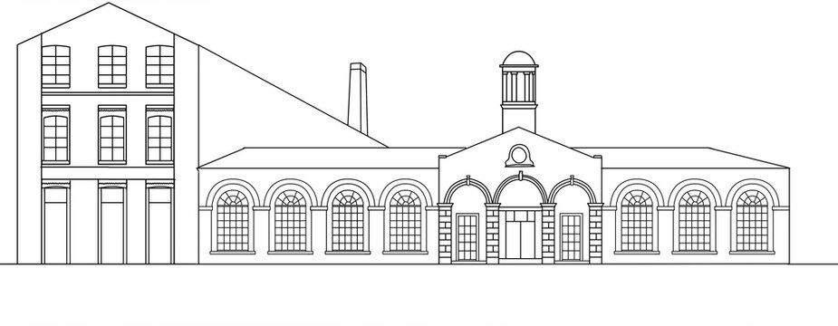 A digital line drawing of a classical commercial building and warehouse in the centre of Leeds, West Yorkshire.