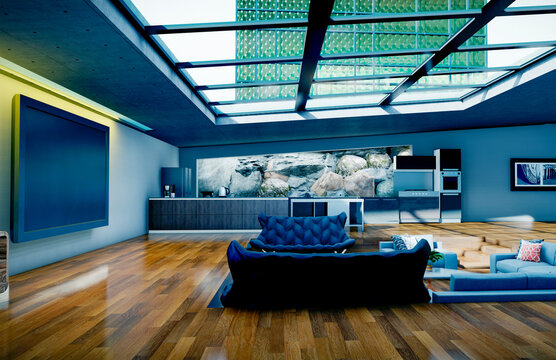 Casa interior moderna-abertura en techo-render 3d