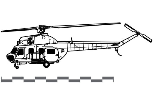 Mil Mi-2 Hoplite. Vector drawing of military transport helicopter. Side view. Image for illustration and infographics. 