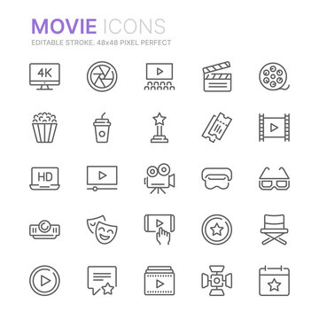 Collection of movies and cinemas related line icons. 48x48 Pixel Perfect. Editable stroke