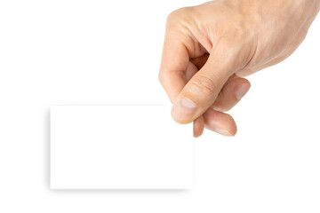 Obraz premium Woman hand card. Hand holding blank business paper card isolated on white background. Layout and mockup for design, place for text, copy space.