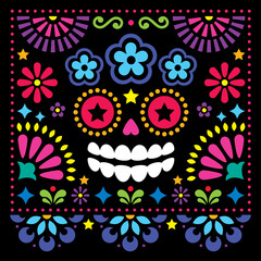 Mexican folk art vector folk art design with sugar skull and flowers, colorful Halloween and Day of the Dead greeting card on black
  