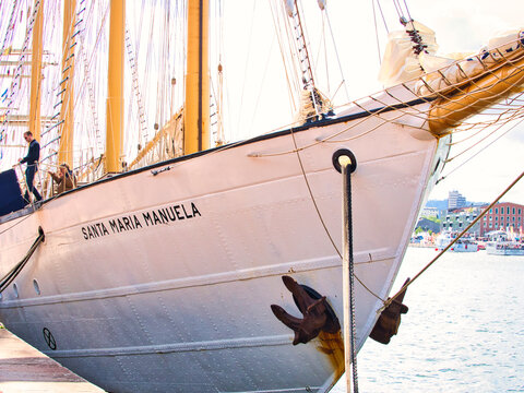 Sailing ship Santa Maria Manuela, Portuguese white fleet Lugger on the Seine river for Armada exhibition in France