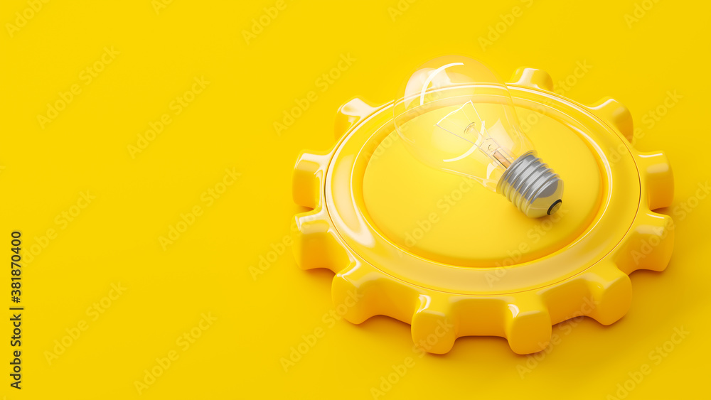 Poster light bulb on gear yellow color on yellow background with copy space for your text. minimal idea con