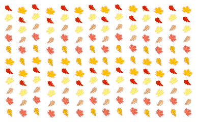 Vector pattern of autumn maple and oak leaves in different shades of yellow, orange and brown