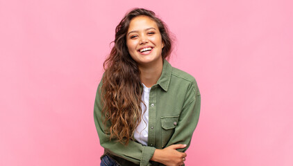  laughing shyly and cheerfully, with a friendly and positive but insecure attitude