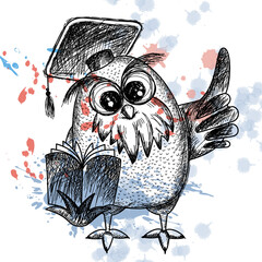A wise owl in a graduate cap shows wing up in a sketch style. Subject for school, training. On a background with blotches and splashes of paint. The design for the school of education. Vector