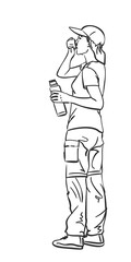 Girl is drinking from thermos, standing in full length in outdoor clothes, isolated drawing. Vector sketch Hand drawn illustration black and white