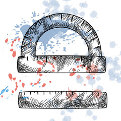 Protractor and ruler in the style of the sketch. Subject for school, training. On a background with blotches and splashes of paint. The design for the school of education. Vector illustration