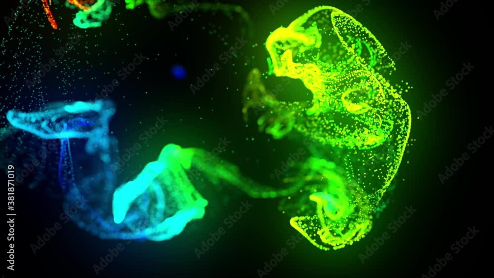 Poster injection of fluorescent multicolor ink in water in 4k. 3d render of glow particles in ink flow. lum