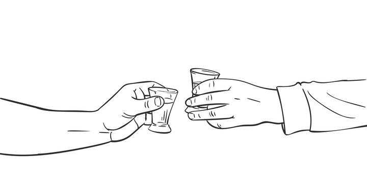Two hands clinking shot glasses with alcohol drink, Vector sketch Hand drawn illustration isolated black and white
