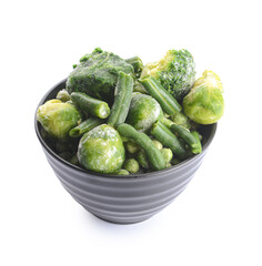 Mix of frozen vegetables in bowl on white background