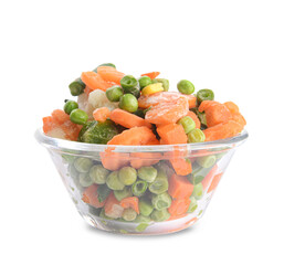 Mix of frozen vegetables in bowl on white background