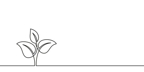 Continuous line drawing of growing sprout, Plant leaves grow seedling eco natural farm concept design. Minimalist contour vector illustration made of single thin line black and white
