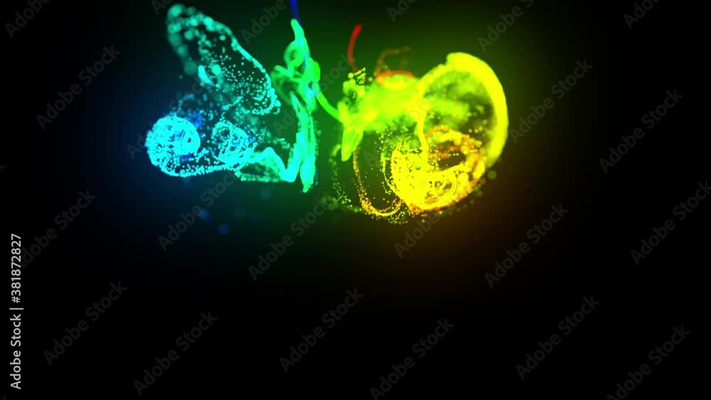 Poster injection of fluorescent multicolor ink in water in 4k. 3d render of glow particles in ink flow. lum