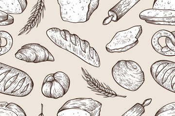 Seamless pattern of bakery products, hand drawn vector, engraving style