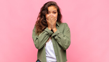  feeling worried, upset and scared, covering mouth with hands, looking anxious and having messed up