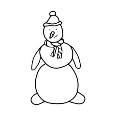 Snowman. Doodle vector element for Christmas design. Outline illustration.