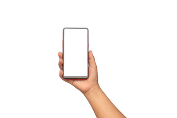 The hand is holding the white screen, the mobile phone is isolated on a white background with the clipping path.Communication connection concept.