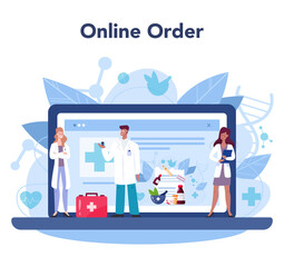 Pharmacy web banner or landing page. Pharmacist holding