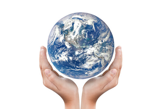 Globe, earth in child hand isolated on white background with clipping path. Elements of this image furnished by NASA.