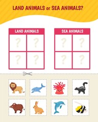 Educational  game for children. Toddler Activity Cards. Land and sea animals.
