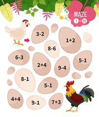 Maze game for children. Farm animals collection. Help the hen to find the cock.
