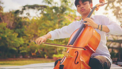 Musician man using a bow to practicing the cello playing with the melodiousness at the sunset. Selected focus. - obrazy, fototapety, plakaty