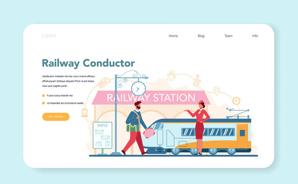 Railway conductor web banner or landing page. Railway worker