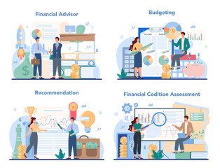Financial advisor set. Business character consulting of financial operation