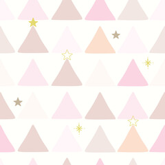Cute triangle seamless pattern. Colorful pink Christmas trees with stars in white background. Great for winter fabric, textile, holiday wrapping paper, scrapbooking. Surface pattern vector design.