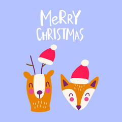 Cute deer and fox. Merry christmas. Hand drawn illustration for greeting card, print, posters design.