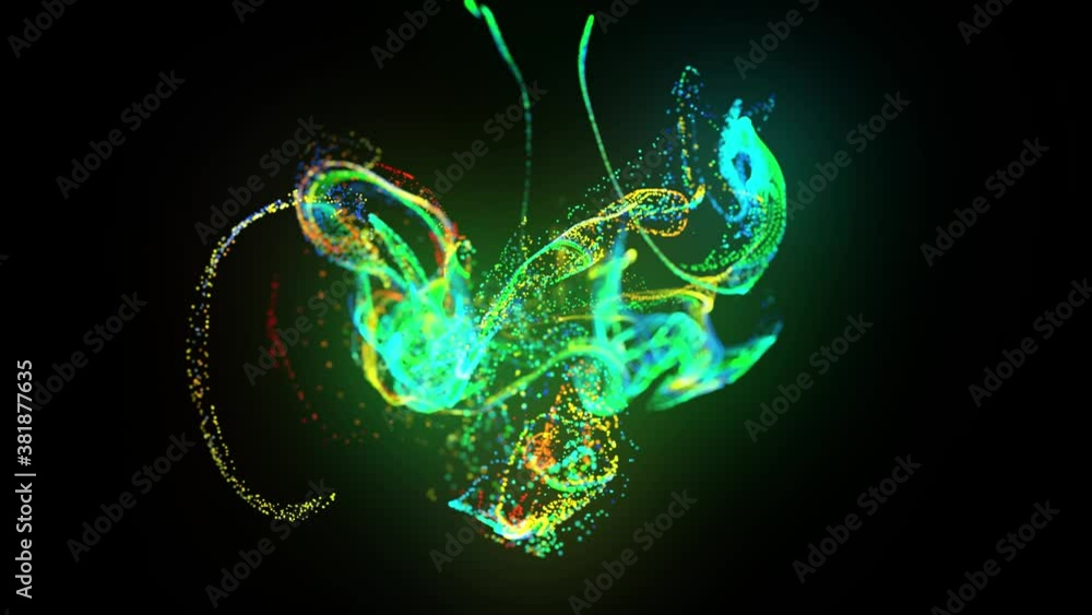 Poster injection of fluorescent multicolor ink in water in 4k. 3d render of glow particles in ink flow. lum