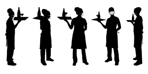 Vector concept conceptual  silhouette women working while social distancing as means of prevention and protection against coronavirus contamination. A metaphor for the new normal.