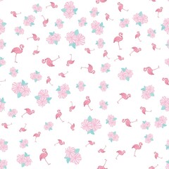 Flamingo seamless pattern on polka dots background. Flamingo vector background design for fabric and decor.