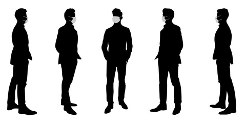 Vector concept conceptual  silhouette men talking while social distancing as means of prevention and protection against coronavirus contamination. A metaphor for the new normal.