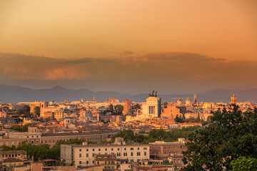 Beautiful skyline view of Roma from the Gianicolo hill at the sunset. Panorama of Rome from the...