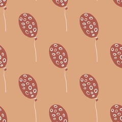 Maroon balloons shapes with rings print seamless pattern. Doodle holiday artwork on beige background.