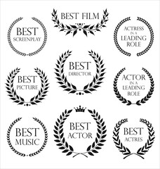 Collection of black label with laurel wreath film award retro template design - obrazy, fototapety, plakaty