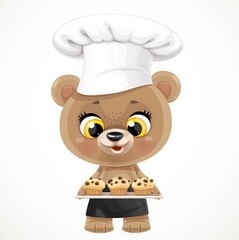 Cute cartoon baby bear chef with muffins on a tray isolated on white background