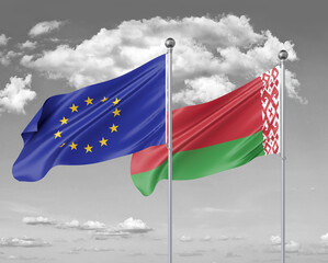 Two realistic flags. European Union vs Belarus. Thick colored silky flags of European Union and Belarus. 3D illustration on sky background. - Illustration