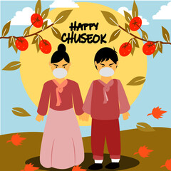 Happy Chuseok, Korean Thanksgiving day, Vector of Cute Cartoon korean young couples with wearing mask cerebrating Thanksgiving day. 