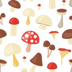 Cute autumn pattern with mushrooms. Fall season seamless background