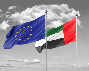 Two realistic flags. European Union vs United Arab Emirates