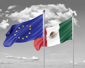 Two realistic flags. European Union vs Mexico. Thick colored silky flags of European Union and Mexico. 3D illustration on sky background. - Illustration