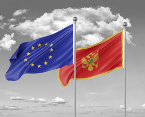 Two realistic flags. European Union vs Montenegro. Thick colored silky flags of European Union and Montenegro. 3D illustration on sky background. - Illustration