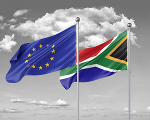 Two realistic flags. European Union vs South Africa. Thick colored silky flags of European Union and South Africa. 3D illustration on sky background. - Illustration