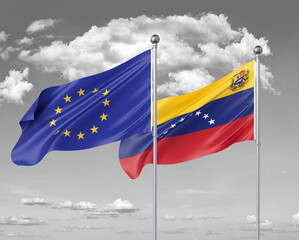 Two realistic flags. European Union vs Venezuela. Thick colored silky flags of European Union and Venezuela. 3D illustration on sky background. - Illustration